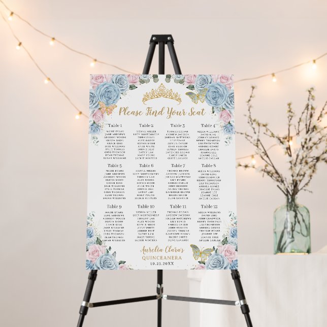 Quinceañera Baby Blue Pink Floral Seating Chart Foam Board (In Situ (Stand))