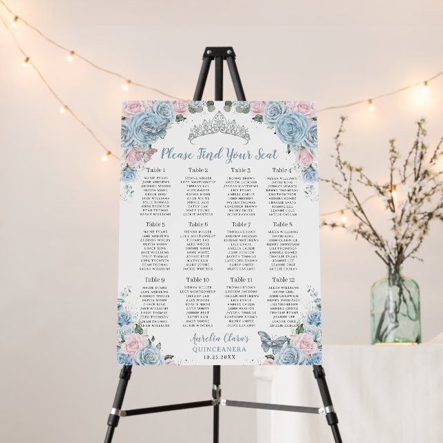 Quinceañera Baby Blue Pink Floral Seating Chart Foam Board (In Situ (Stand))