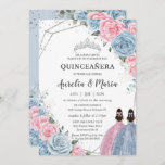 Quinceañera Baby Blue Pink Floral Twins Silver Invitation<br><div class="desc">Personalize this lovely quinceañera invitation with own wording easily and quickly,  simply press the customize it button to further re-arrange and format the style and placement of the text.  Matching items available in store!  (c) The Happy Cat Studio</div>