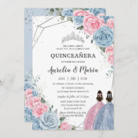 Quinceañera Baby Blue Pink Floral Twins Silver Invitation