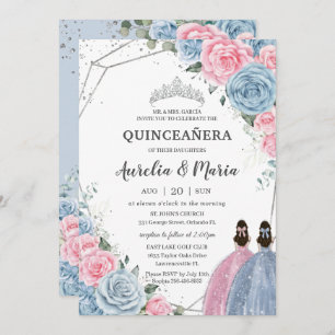 Quinceañera Baby Blue Pink Floral Twins Silver Invitation