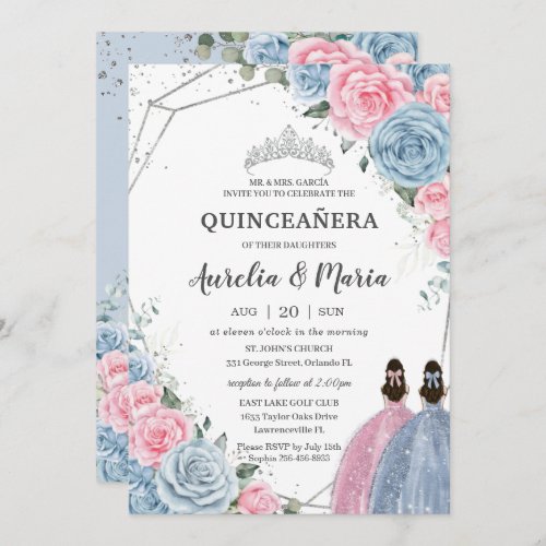 Quinceaera Baby Blue Pink Floral Twins Silver Invitation