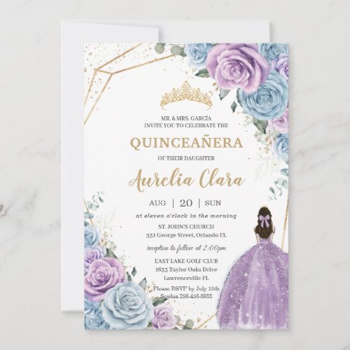 Quinceaera Baby Blue Purple Lilac Floral Gold  Invitation