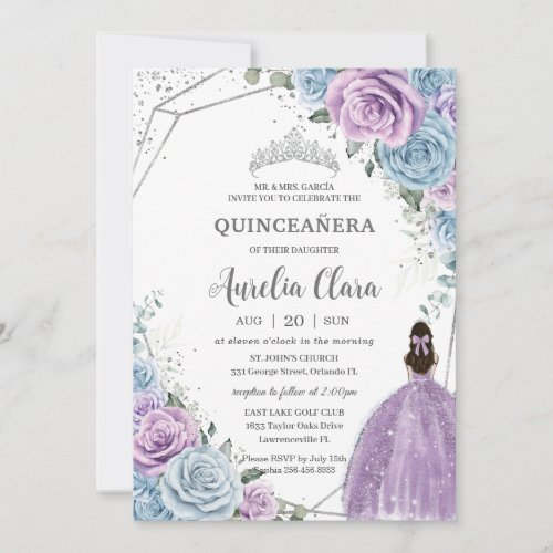 Quinceaera Baby Blue Purple Lilac Floral Silver Invitation