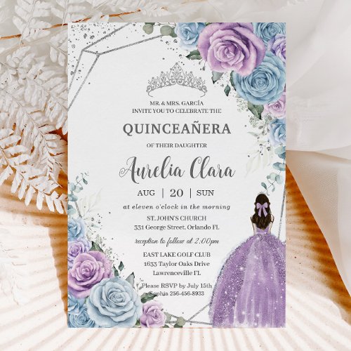 Quinceaera Baby Blue Purple Lilac Floral Silver Invitation