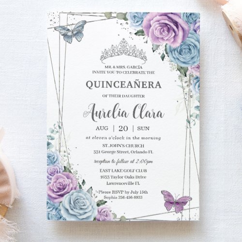 Quinceanera Baby Blue Purple Lilac Floral Silver Invitation