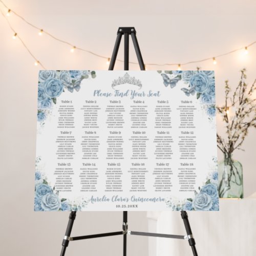 Quinceaera Baby Blue Roses Floral Seating Chart  Foam Board