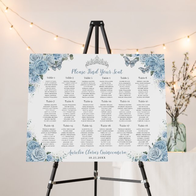 Quinceañera Baby Blue Roses Floral Seating Chart  Foam Board (In Situ (Stand))