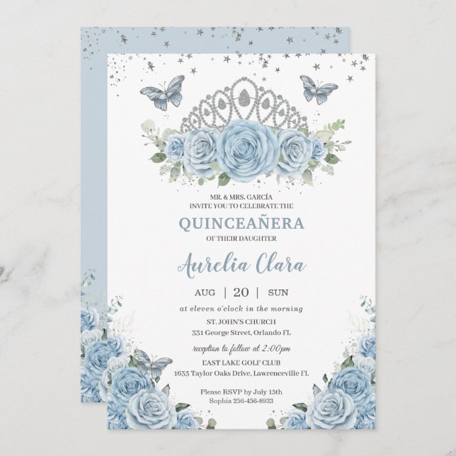Quinceañera Baby Blue Roses Floral Silver Crown Invitation (Front/Back)