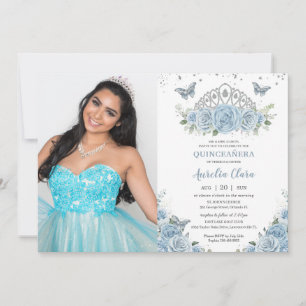 Quinceañera Baby Blue Roses Silver Crown Photo Invitation