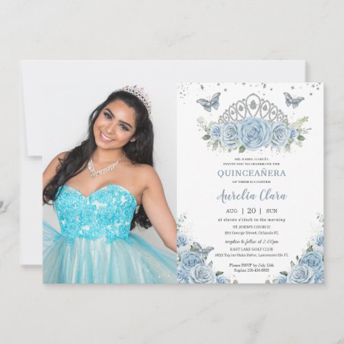 Quinceaera Baby Blue Roses Silver Crown Photo Invitation