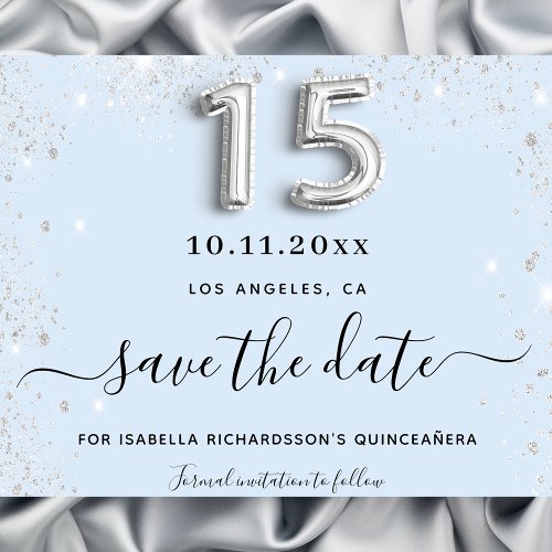 Quinceanera baby blue silver budget save the date flyer