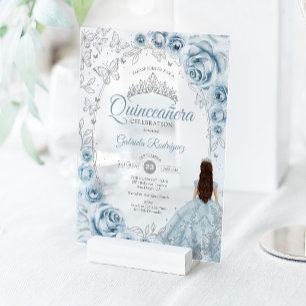 Quinceanera Baby Blue Silver Floral Acrylic Invitations