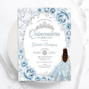 Quinceanera Baby Blue Silver Floral Invitation