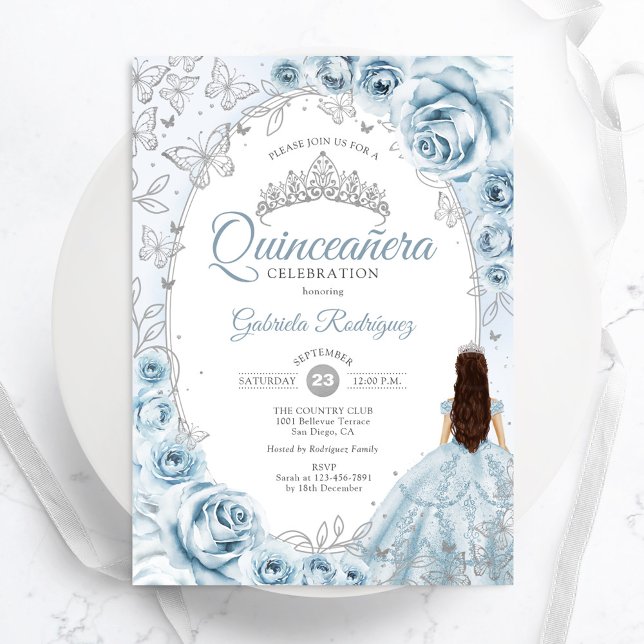 Quinceanera Baby Blue Silver Floral Invitation (Creator Uploaded)