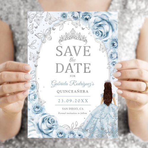 Quinceanera Baby Blue Silver Floral Save The Date