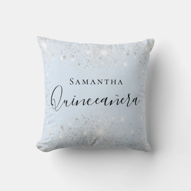 Quinceanera baby blue silver glitter dust name  throw pillow (Front)