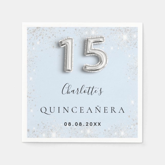 Quinceanera baby blue silver glitter dust napkins (Front)
