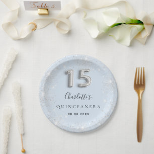 Quinceanera baby blue silver glitter dust paper plates