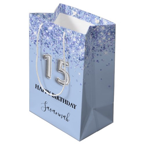 Quinceanera baby blue silver glitter name medium gift bag