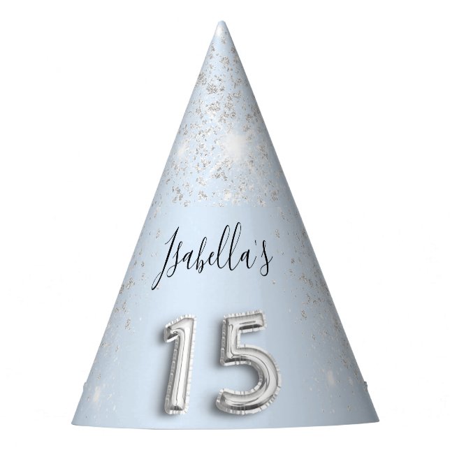 Quinceanera baby blue silver glitter name party hat (Front)