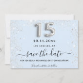 Quinceanera baby blue silver glitter party save the date (Front)