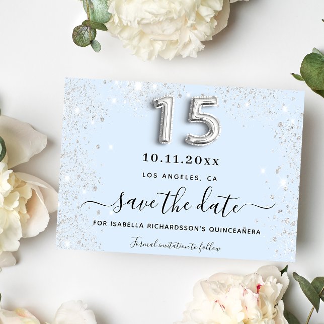 Quinceanera baby blue silver glitter party save the date