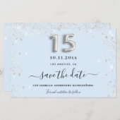 Quinceanera baby blue silver glitter save the date (Front/Back)
