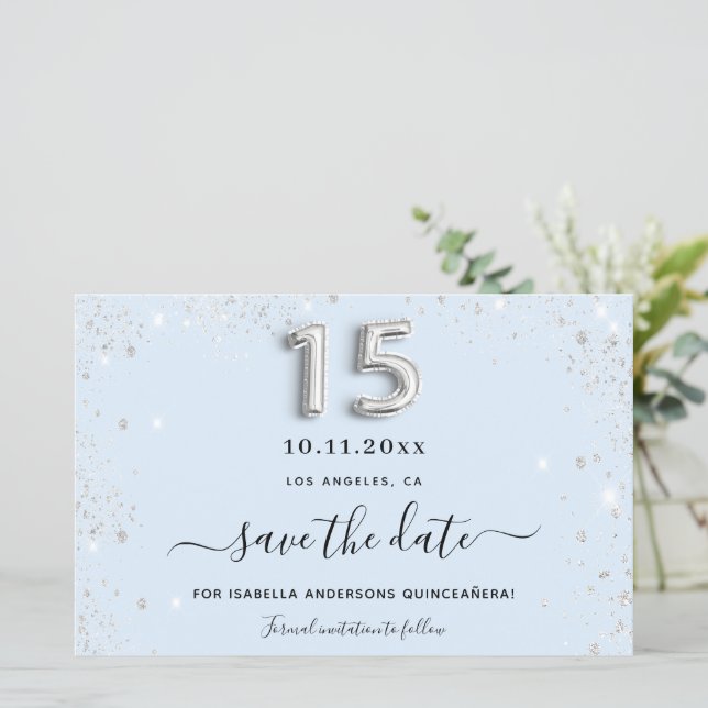 Quinceanera baby blue silver glitter save the date (Standing Front)