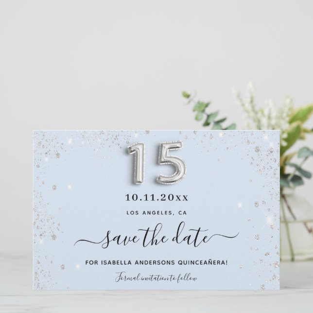 Quinceanera baby blue silver glitter save the date (Standing Front)