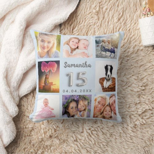 Quinceanera baby blue silver photo collage throw pillow