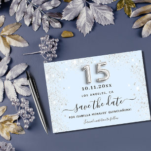 Quinceanera baby blue silver save the date note card