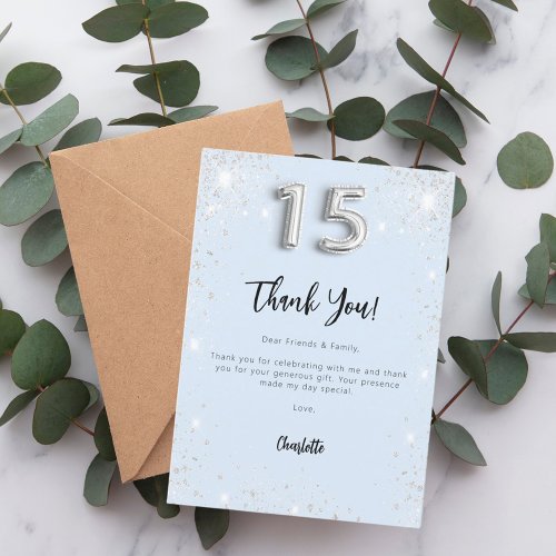 Quinceanera baby blue silver thank you card