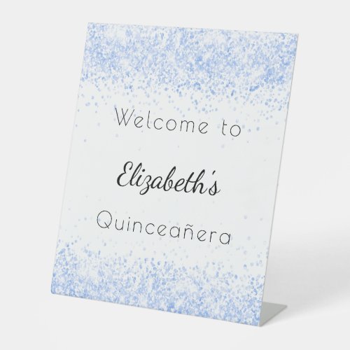 Quinceanera baby blue white glitter dust welcome pedestal sign