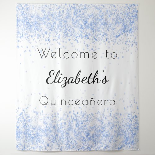 Quinceanera baby blue white glitter dust welcome tapestry