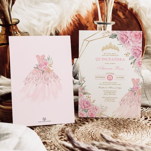 Quinceaera Baby Pink Floral Gold Crown Princess Invitation