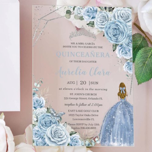 Quinceañera Baby Soft Blue Floral Princess Mis 15 Acrylic Invitations