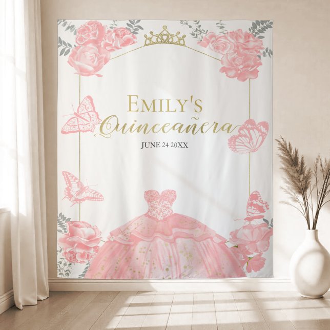 Quinceanera Backdrop Pink Dress Floral Gold Foil (Creator Uploaded)