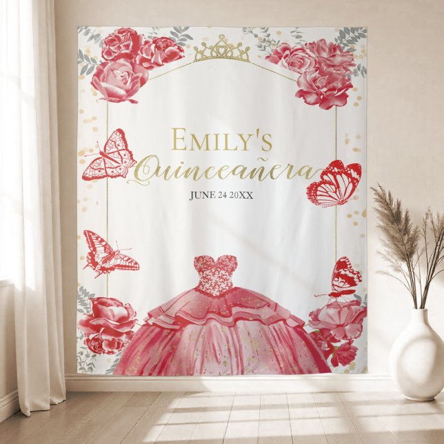 Quinceanera Backdrop Red Dress Floral Gold Foil (Creator Uploaded)
