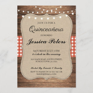 Quinceanera BBQ Party Red Check Rustic Wood Invite