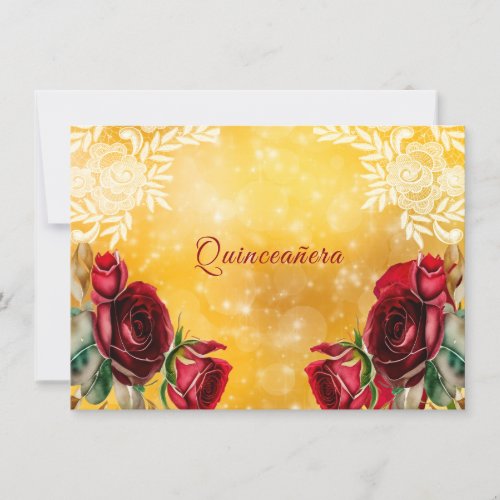  Quinceanera Beautiful Red Roses Lace and Gold   Invitation