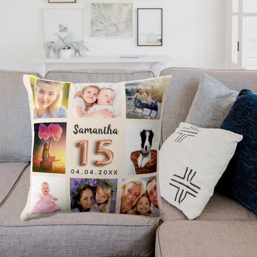 Quinceanera beige photo collage  throw pillow