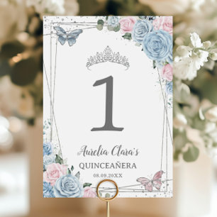 Quinceañera Birthday Baby Blue Soft Pink Floral Table Number