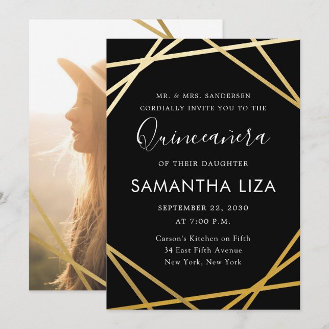 Quinceañera Birthday Black Gold Modern Photo Invitation (Front/Back)