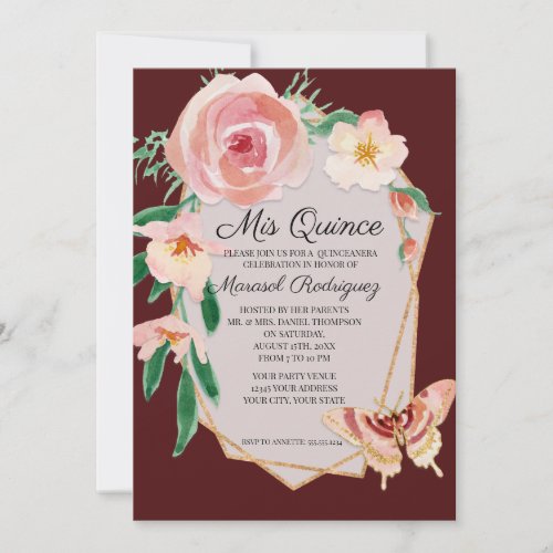 Quinceanera Birthday Burgundy Red Watercolor Roses Invitation
