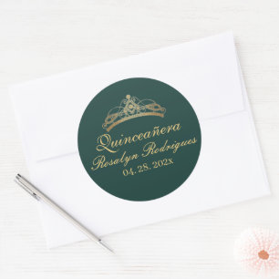 Quinceañera Birthday Emerald Green Gold Tiara Classic Round Sticker