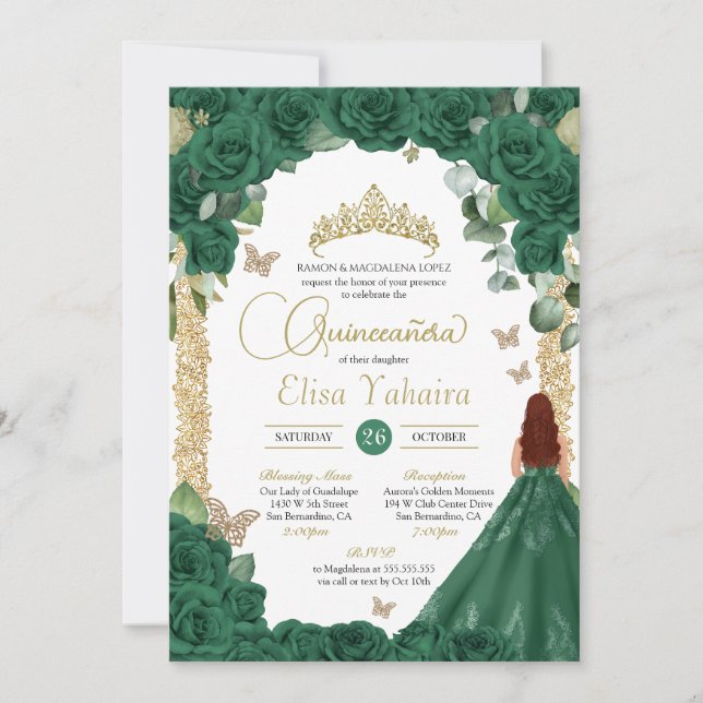 Quinceanera Birthday Emerald Green Rose Invitation (Front)