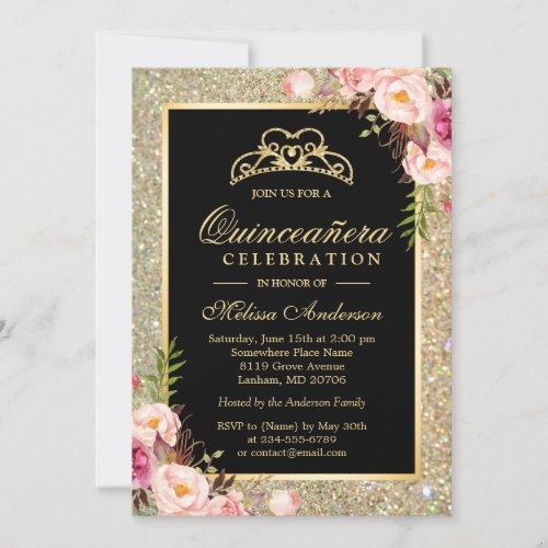 Quinceanera Birthday Floral Gold Glitter Sparkles Card