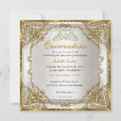 Quinceanera Birthday Gold Beige Pearl Damask Invitation (Front)