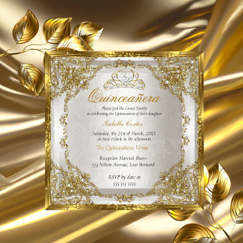 Quinceanera Birthday Gold Beige Pearl Damask Invitation by Zizzago at Zazzle